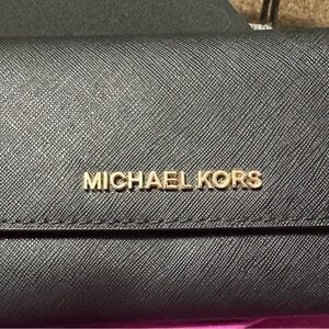 Michael Kors Black Leather Tri-fold Wallet with Gold Logo